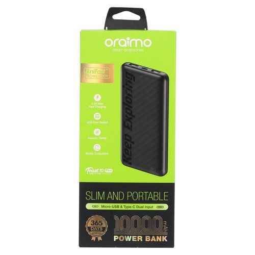 Power Bank Slim Oraimo - 10000mAh - Noir - 12 Mois de Garantie